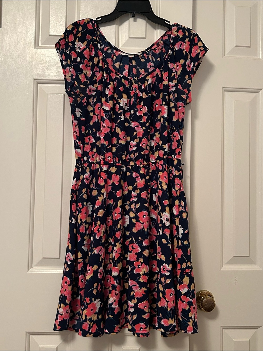 LC Lauren Conrad Navy Pink Floral Scoop Neck Cap Sleeve Fit & Flare Dress Medium